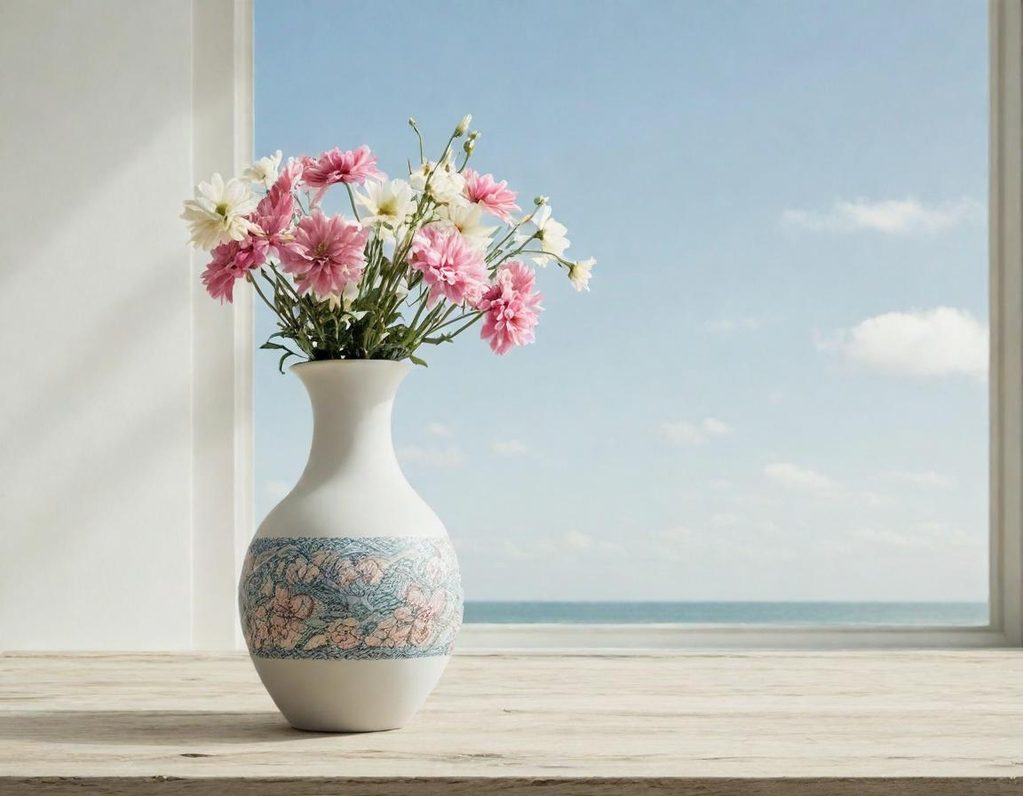 Vase mit bunten Blumen vor einem Fenster mit Blick auf das Meer und den Himmel.